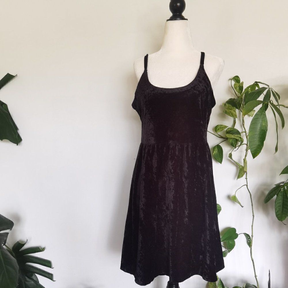 Y2K Mini Black Slip Dress Crushed Velvet Sm Whimsigoth Burnout 2000s 90s Short